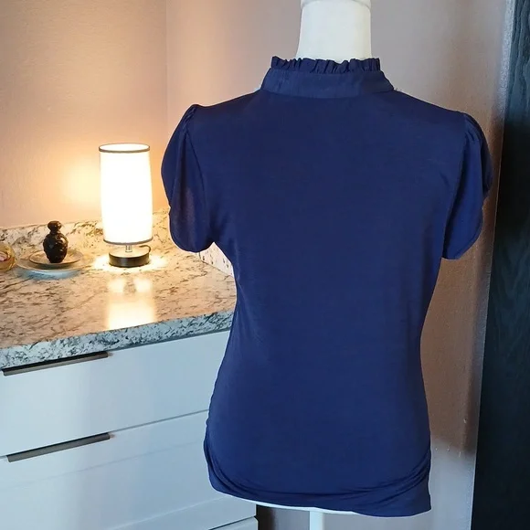 Navy Blue Ruffled Cut Out Blouse with Mandarin Collar size M - Picture 5 of 8